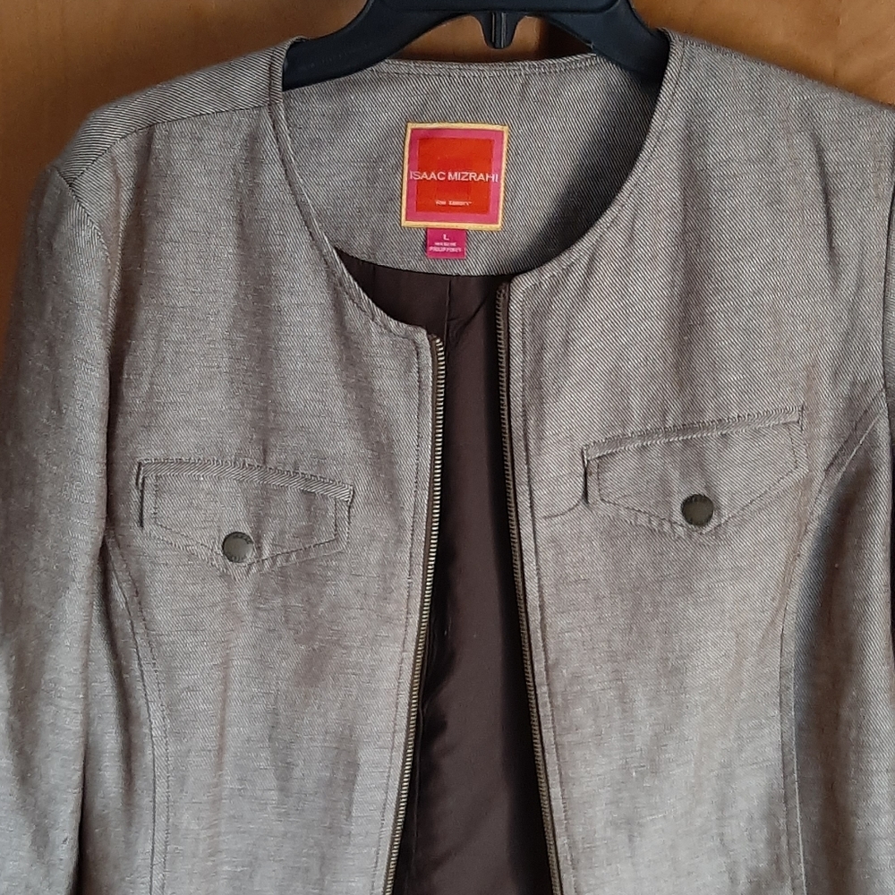■🏷 Isaak Mizrahi Brown Jacket Sz L with Metal Zipper at Front and Sleeves